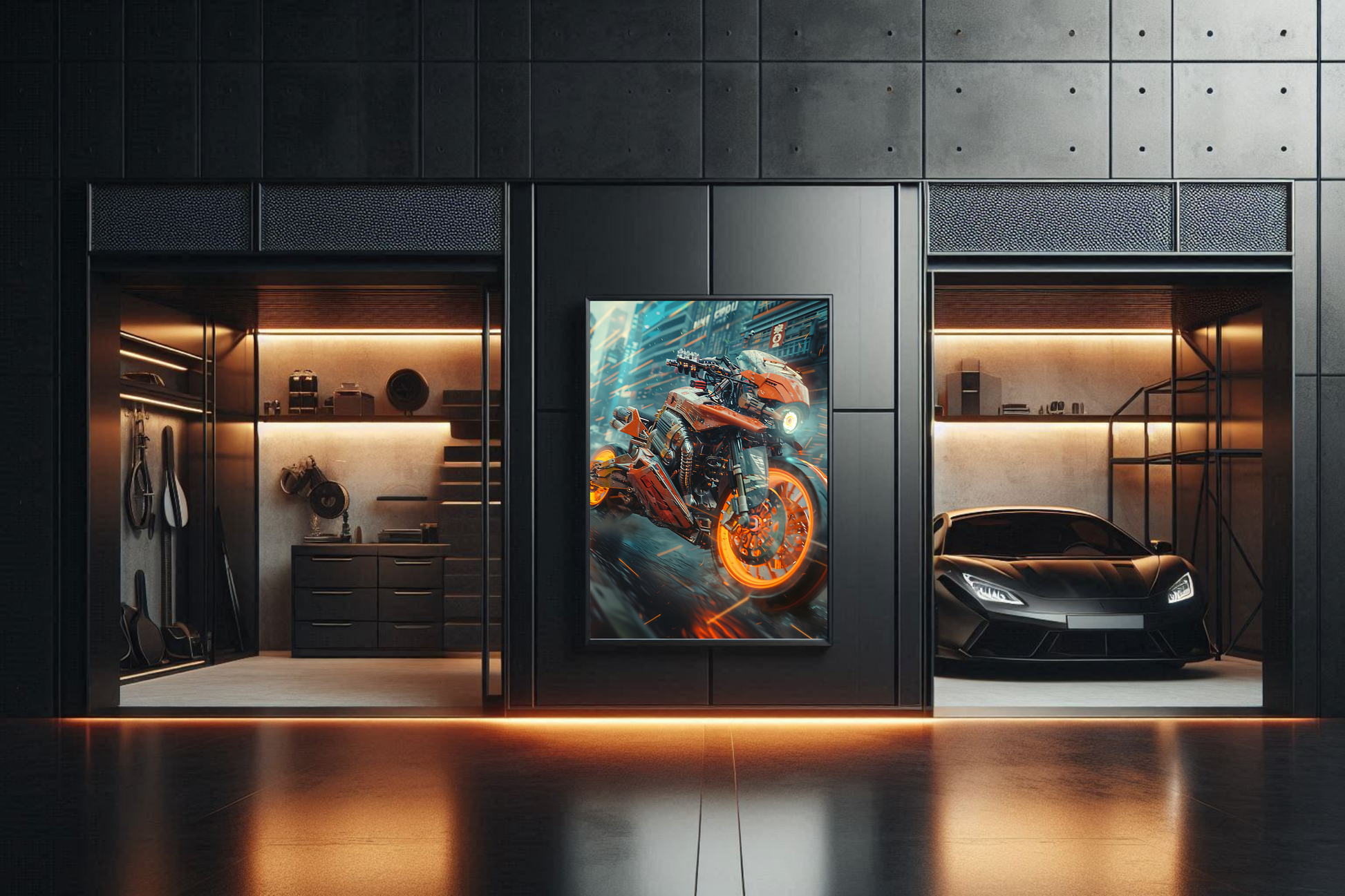 🏍️🏁🔧 Moto Cyberpunk Série futuriste #️⃣10  - (Affiche encadrée métal) - Aura Studio Déco
