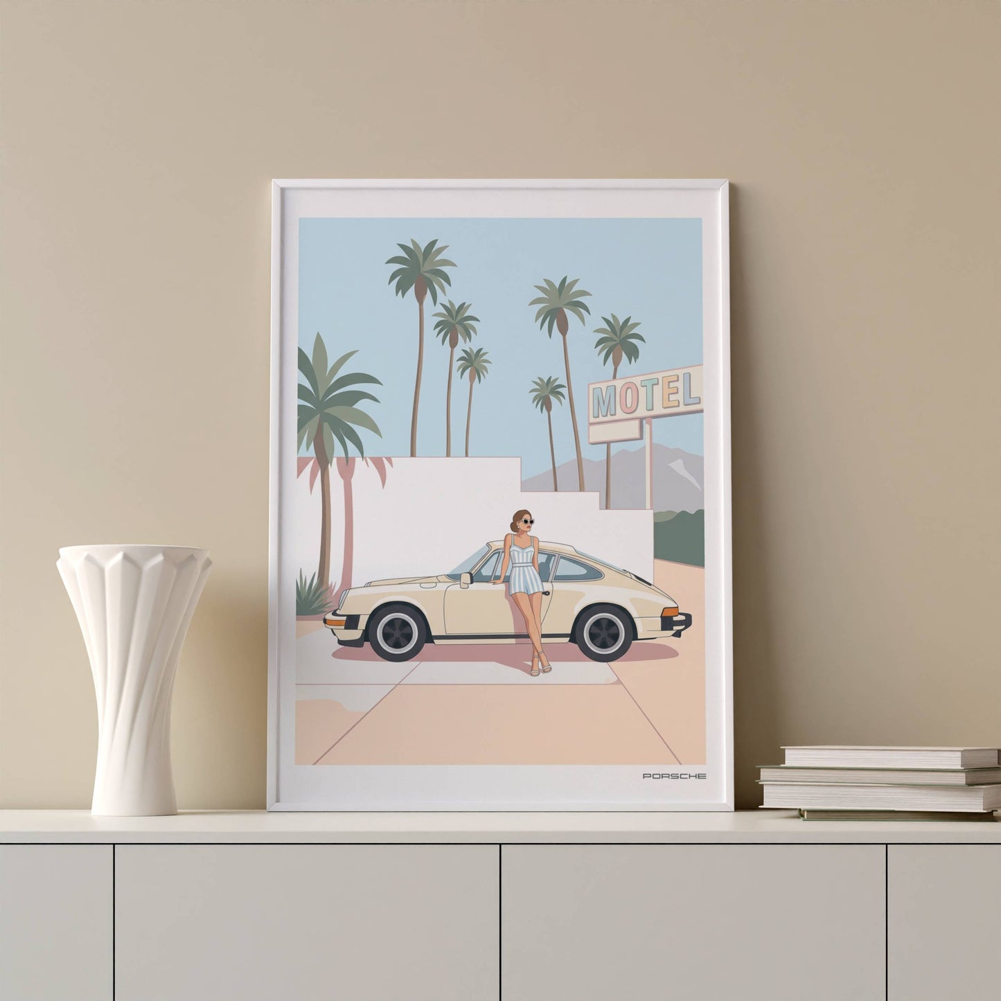 Affiche Porsche Vintage devant Motel Rétro – Californian Dream & Lifestyle Estival | Poster Automobile Chic