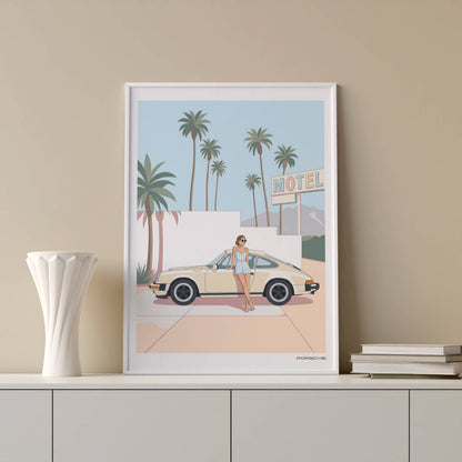 Affiche Porsche Vintage devant Motel Rétro – Californian Dream & Lifestyle Estival | Poster Automobile Chic