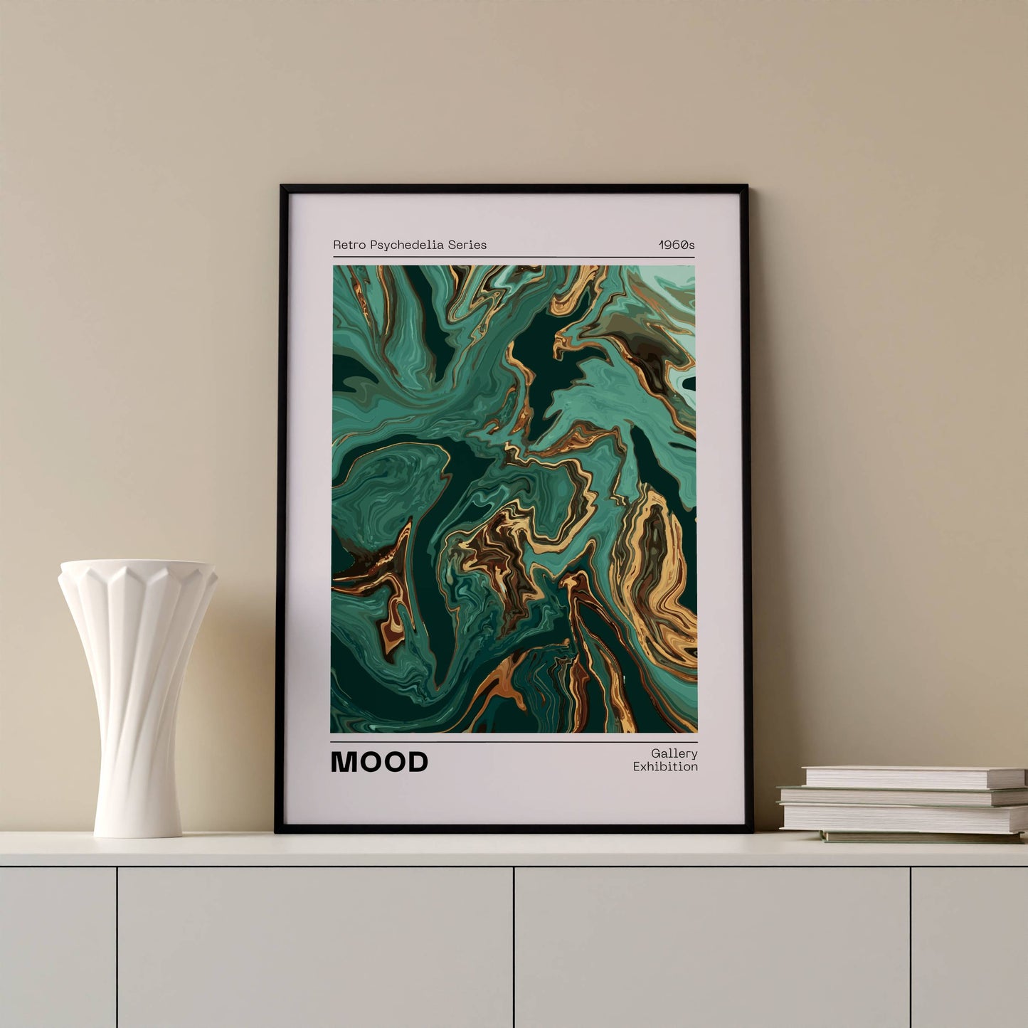Affiche Mood Rétro Luxe – Art Abstrait Vert Émeraude et Or | Poster Marbré Moderne Papier Mat