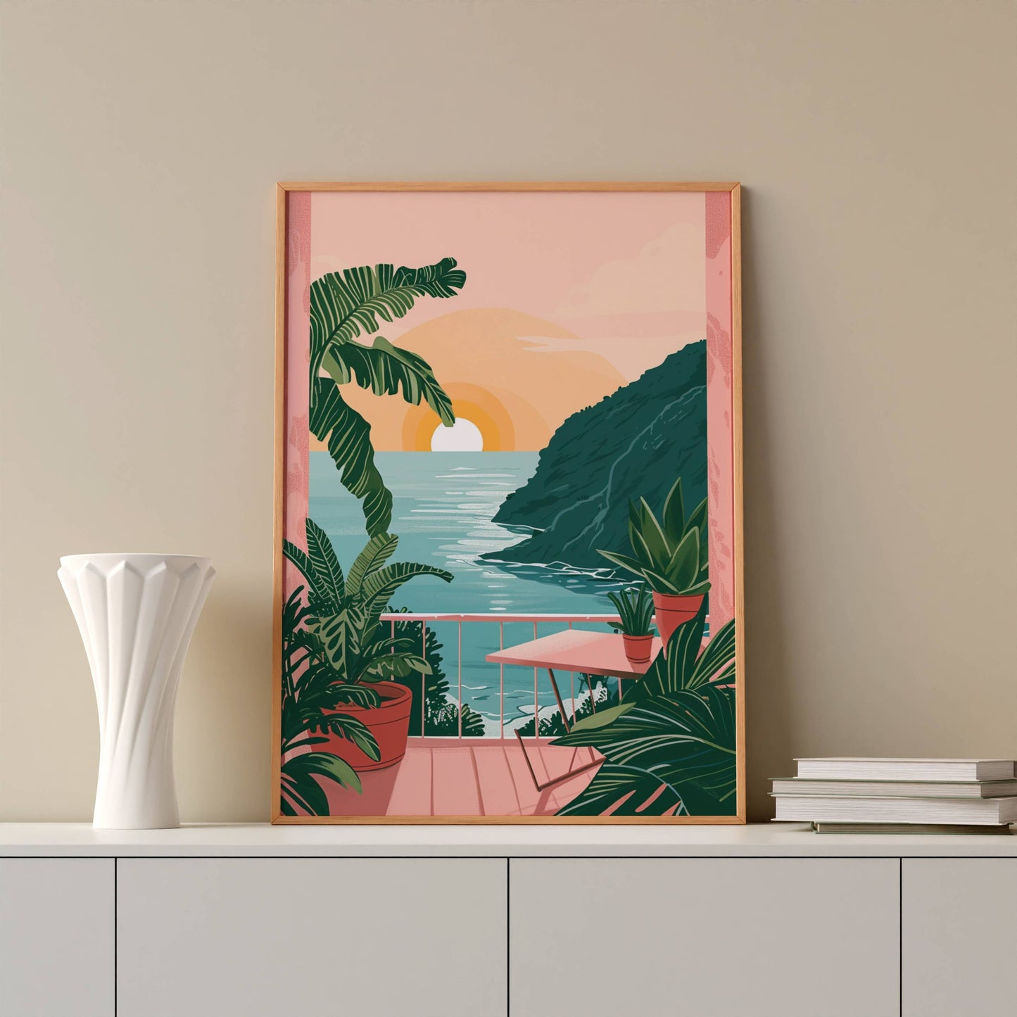 Affiche Terrasse Tropicale au Coucher du Soleil – Vue sur l’Océan et Évasion Paradisiaque | Poster sur Papier Mat