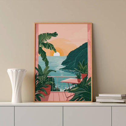 Affiche Terrasse Tropicale au Coucher du Soleil – Vue sur l’Océan et Évasion Paradisiaque | Poster sur Papier Mat