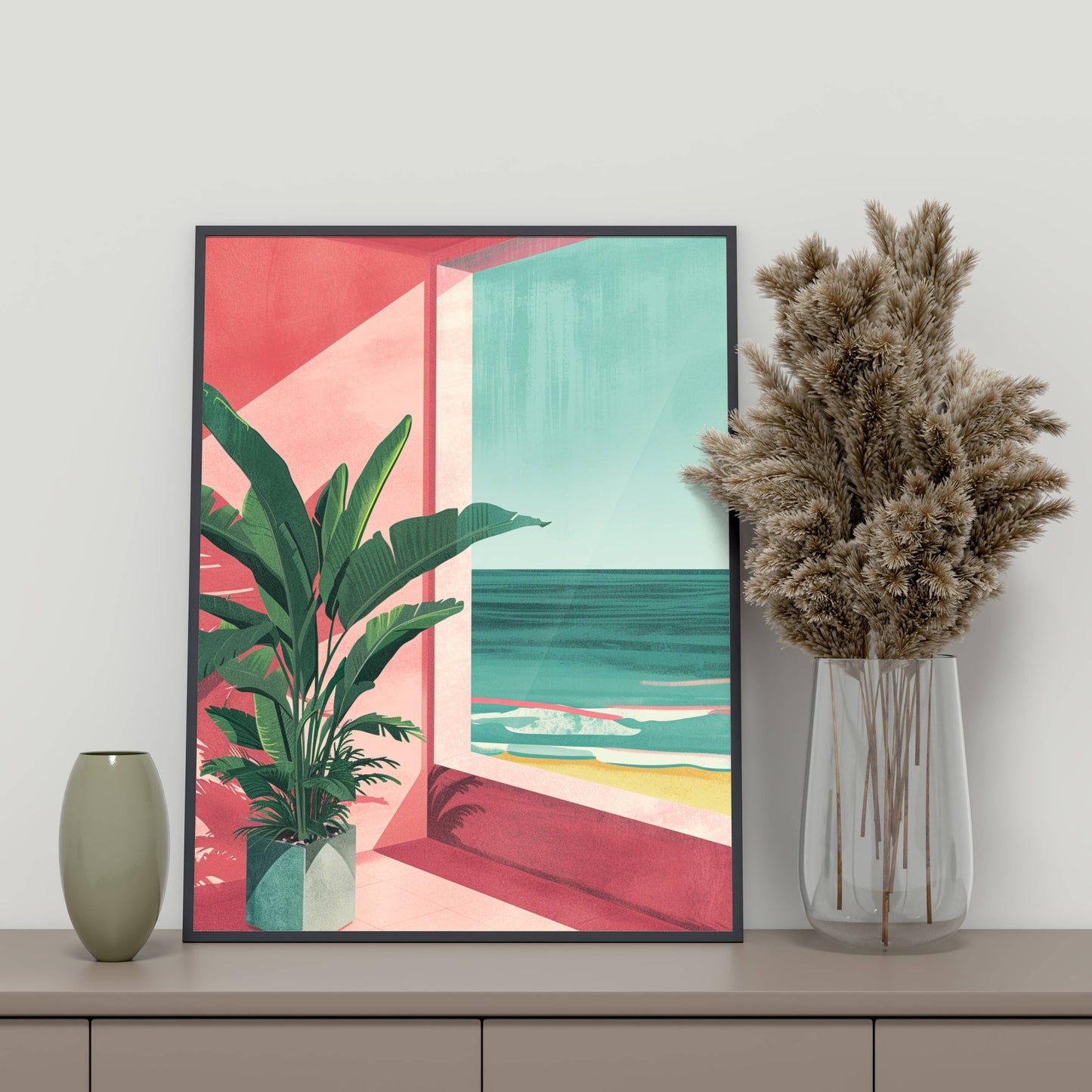 Affiche Terrasse Tropicale Face à l’Océan – Évasion Côtière et Ambiance Estivale | Poster sur Papier Mat
