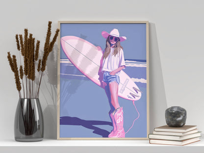 Affiche Surfeuse Vintage sur la Plage – Esprit Surf Bohème et Évasion Côtière | Poster Art Mural