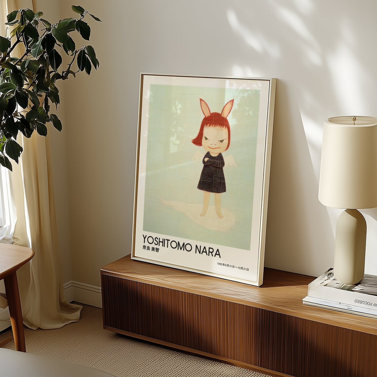 Yoshitomo Nara Bunny Girl Poster, Japanese Contemporary Art Print, Black Dress Wall Decor, Cute Character Artwork