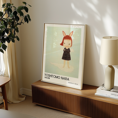 Yoshitomo Nara Bunny Girl Poster, Japanese Contemporary Art Print, Black Dress Wall Decor, Cute Character Artwork