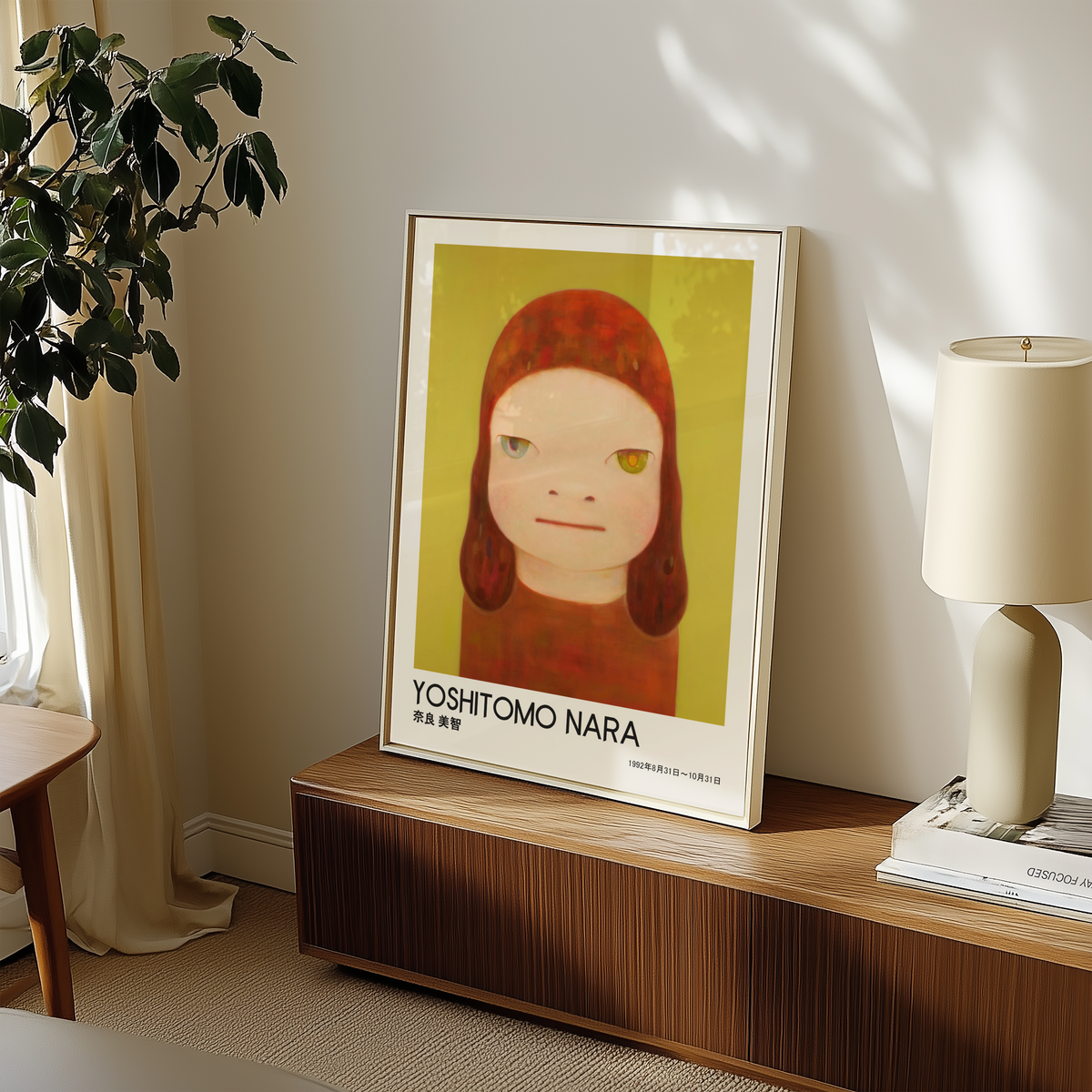 Yoshitomo Nara Red Haired Girl Poster, Two Tone Eyes Yellow Green Background, Japanese Contemporary Art Print