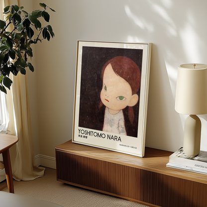 Yoshitomo Nara Girl on Dark Background Poster, Japanese Contemporary Art Print, Green Eyes Wall Decor, Moody Art
