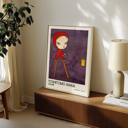 Yoshitomo Nara Red Hood Fishing Poster, Japanese Contemporary Art Print, Purple Wall Decor, Surreal Character Artwork