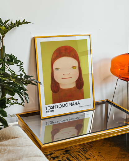 Yoshitomo Nara Red Haired Girl Poster, Two Tone Eyes Yellow Green Background, Japanese Contemporary Art Print