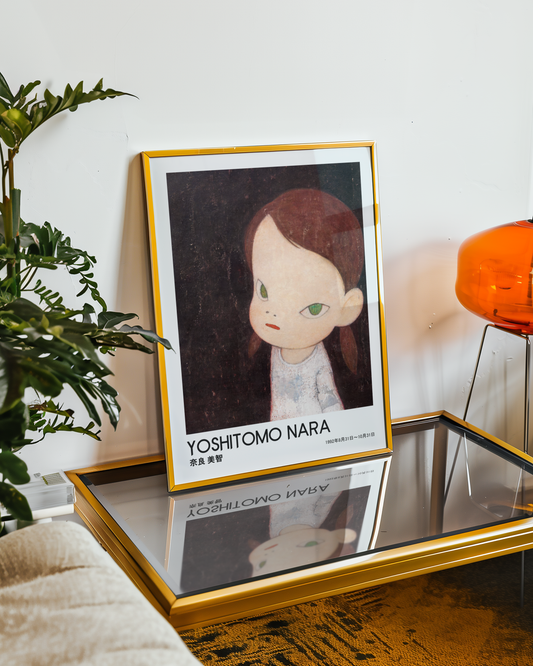 Yoshitomo Nara Girl on Dark Background Poster, Japanese Contemporary Art Print, Green Eyes Wall Decor, Moody Art