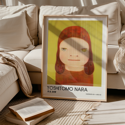 Yoshitomo Nara Red Haired Girl Poster, Two Tone Eyes Yellow Green Background, Japanese Contemporary Art Print