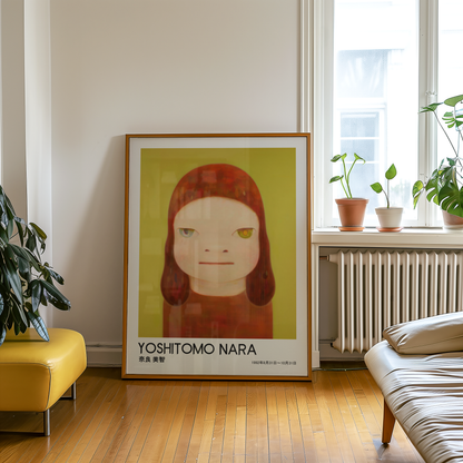 Yoshitomo Nara Red Haired Girl Poster, Two Tone Eyes Yellow Green Background, Japanese Contemporary Art Print