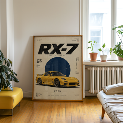 Yellow Japanese Sports Car Poster, 90s JDM Tuner Wall Art, Minimalist Rotary Coupe Print, Retro Automotive Garage Decor