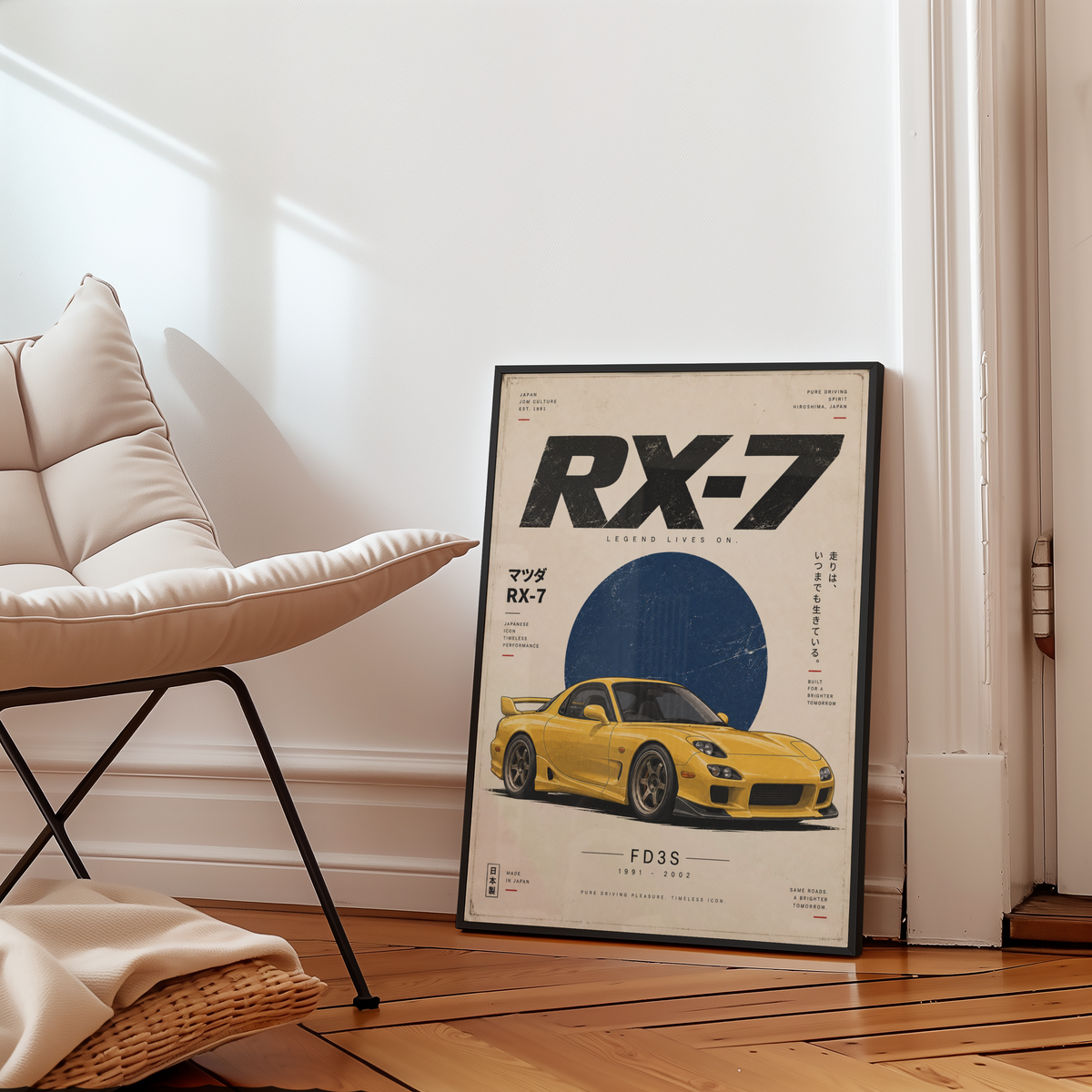 Yellow Japanese Sports Car Poster, 90s JDM Tuner Wall Art, Minimalist Rotary Coupe Print, Retro Automotive Garage Decor