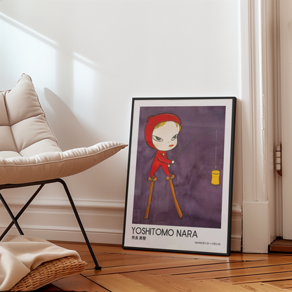 Yoshitomo Nara Red Hood Fishing Poster, Japanese Contemporary Art Print, Purple Wall Decor, Surreal Character Artwork