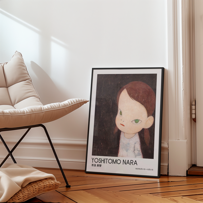 Yoshitomo Nara Girl on Dark Background Poster, Japanese Contemporary Art Print, Green Eyes Wall Decor, Moody Art