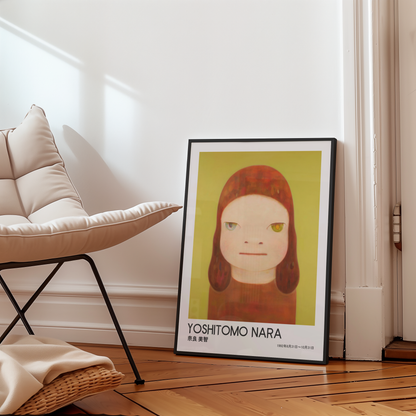 Yoshitomo Nara Red Haired Girl Poster, Two Tone Eyes Yellow Green Background, Japanese Contemporary Art Print