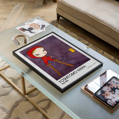 Yoshitomo Nara Red Hood Fishing Poster, Japanese Contemporary Art Print, Purple Wall Decor, Surreal Character Artwork