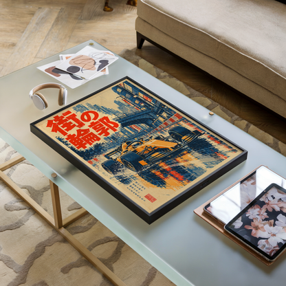 Japanese Formula Racing Poster, Orange Race Car on Rainy Tokyo Streets, Retro Motorsport Wall Art