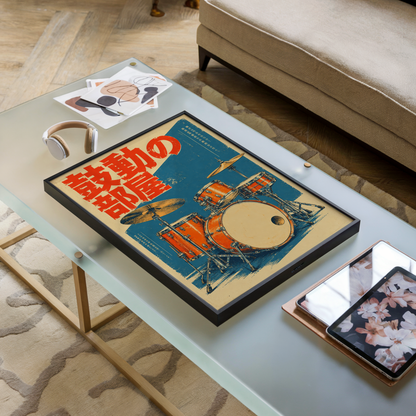 Japanese Drum Kit Poster, Orange Vintage Acoustic Drums on Blue, Retro Music Studio Wall Art
