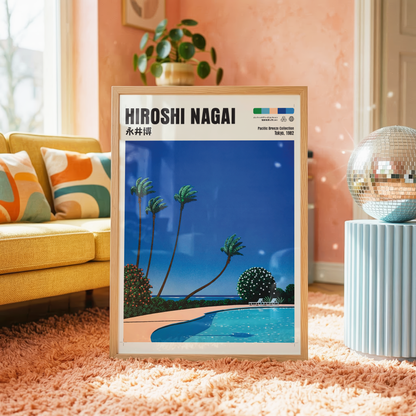Hiroshi Nagai Pacific Breeze Poster, Tropical Pool Art, Japanese Beach Print, Palm Tree Wall Decor, Retro Summer City Pop