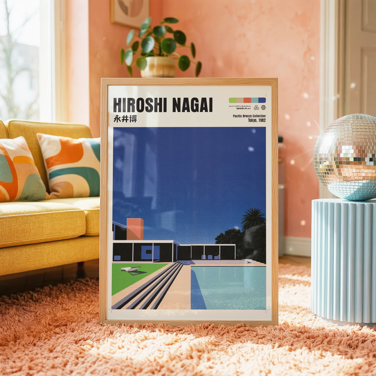 Hiroshi Nagai Pacific Breeze Poster, Mid Century Pool House Art, Japanese Retro Architecture Print, Blue Summer Wall Decor
