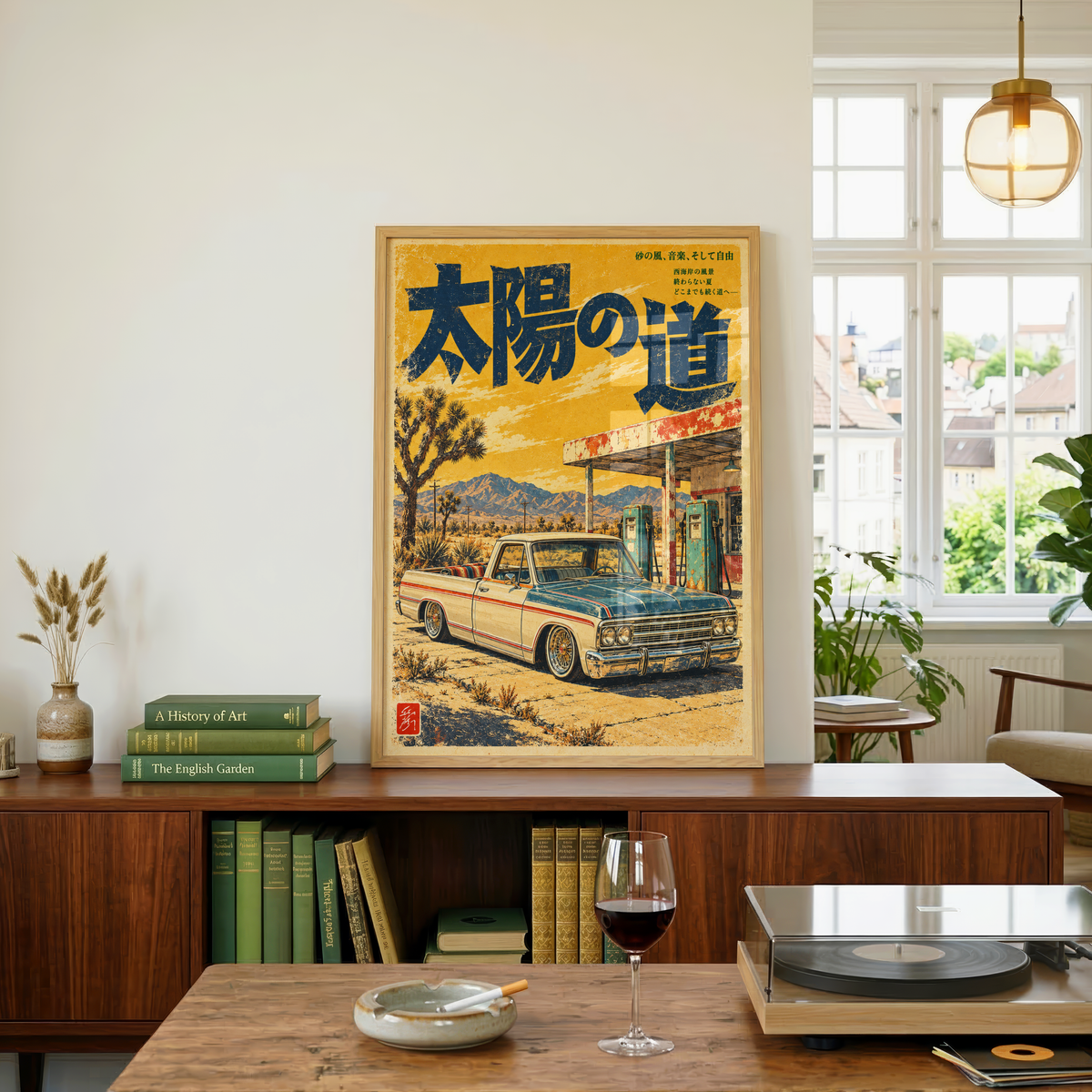 Vintage Japanese Desert Truck Poster, Classic Pickup at a Roadside Gas Station, Retro Americana Wall Art