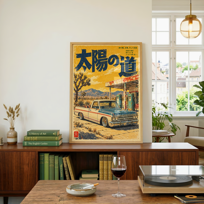 Vintage Japanese Desert Truck Poster, Classic Pickup at a Roadside Gas Station, Retro Americana Wall Art