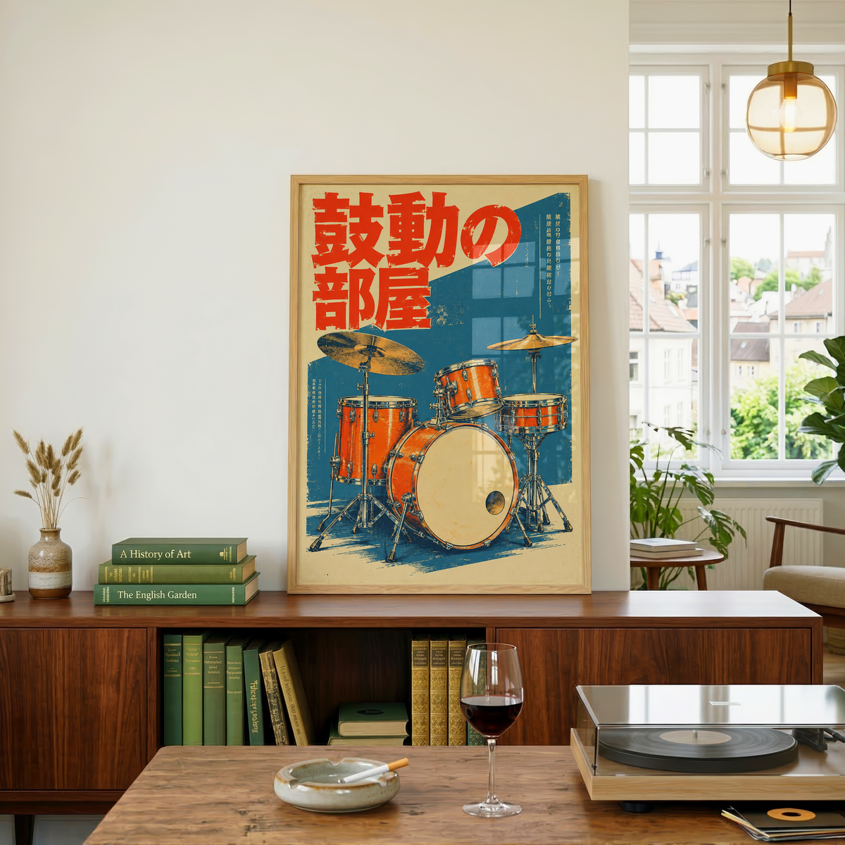 Japanese Drum Kit Poster, Orange Vintage Acoustic Drums on Blue, Retro Music Studio Wall Art