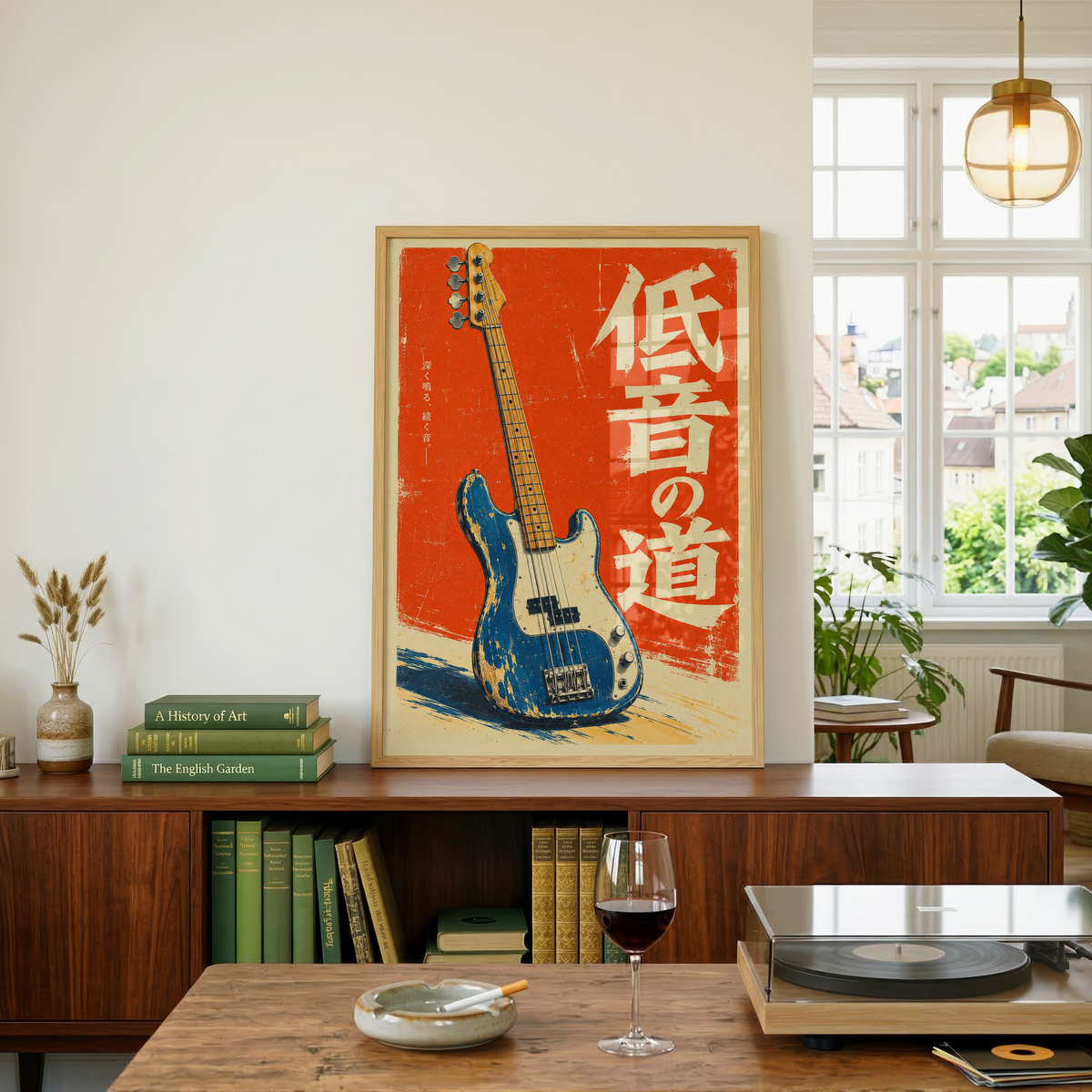 Japanese Bass Guitar Poster, Distressed Blue Electric Bass on Red Background, Retro Music Wall Art