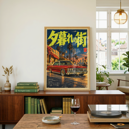 Japanese Classic Car Poster, Red Vintage Sedan Under Palm Trees at Sunset, Retro Street Scene Wall Art