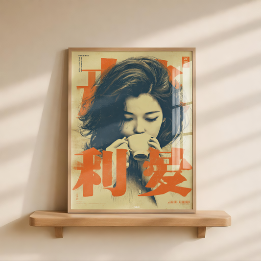 Affiche Japonaise Vintage Femme avec Boisson, Wall Art Rétro Japonais, Poster Orange et Bleu, Décoration Murale