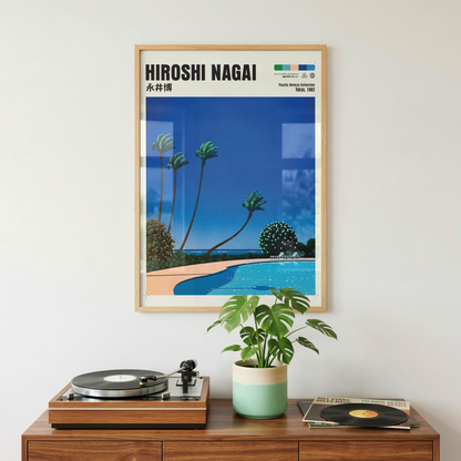 Hiroshi Nagai Pacific Breeze Poster, Tropical Pool Art, Japanese Beach Print, Palm Tree Wall Decor, Retro Summer City Pop