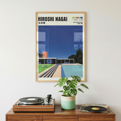 Hiroshi Nagai Pacific Breeze Poster, Mid Century Pool House Art, Japanese Retro Architecture Print, Blue Summer Wall Decor