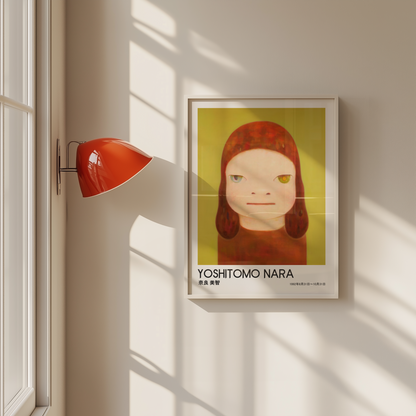 Yoshitomo Nara Red Haired Girl Poster, Two Tone Eyes Yellow Green Background, Japanese Contemporary Art Print