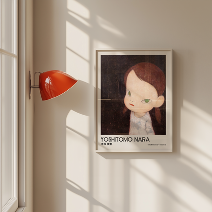 Yoshitomo Nara Girl on Dark Background Poster, Japanese Contemporary Art Print, Green Eyes Wall Decor, Moody Art