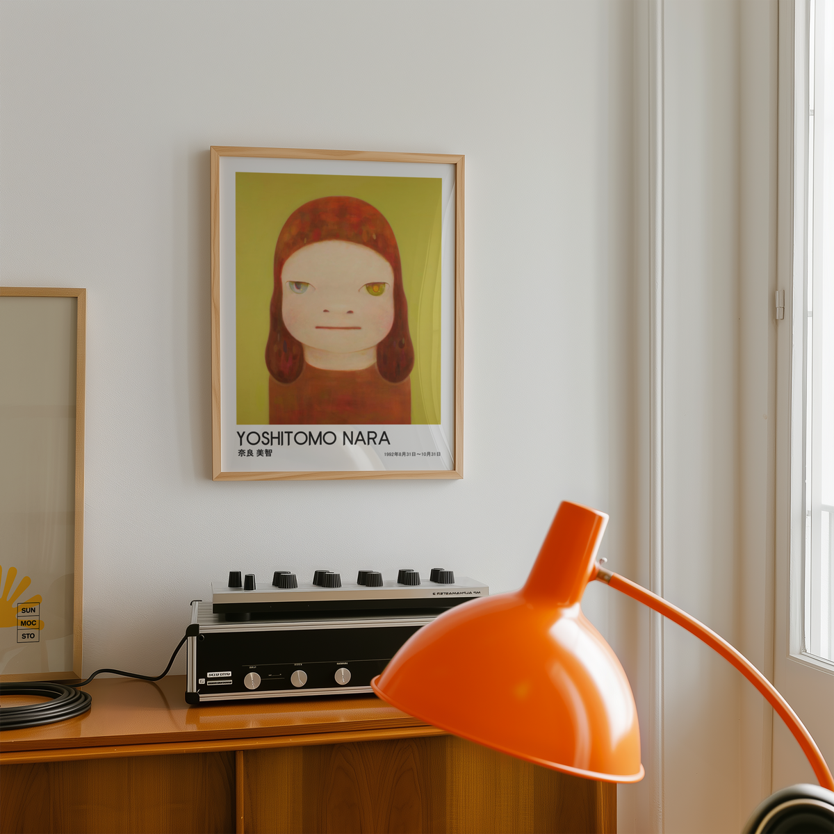 Yoshitomo Nara Red Haired Girl Poster, Two Tone Eyes Yellow Green Background, Japanese Contemporary Art Print