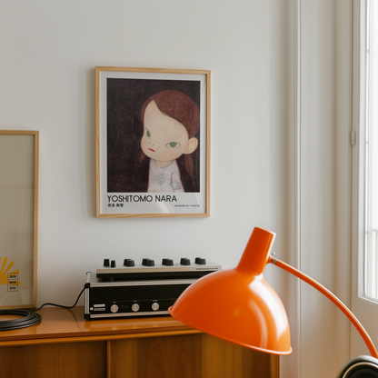Yoshitomo Nara Girl on Dark Background Poster, Japanese Contemporary Art Print, Green Eyes Wall Decor, Moody Art