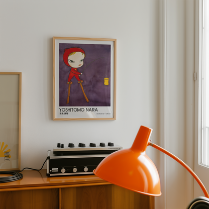Yoshitomo Nara Red Hood Fishing Poster, Japanese Contemporary Art Print, Purple Wall Decor, Surreal Character Artwork