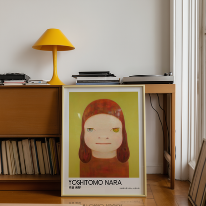 Yoshitomo Nara Red Haired Girl Poster, Two Tone Eyes Yellow Green Background, Japanese Contemporary Art Print