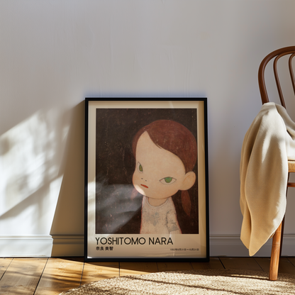 Yoshitomo Nara Girl on Dark Background Poster, Japanese Contemporary Art Print, Green Eyes Wall Decor, Moody Art
