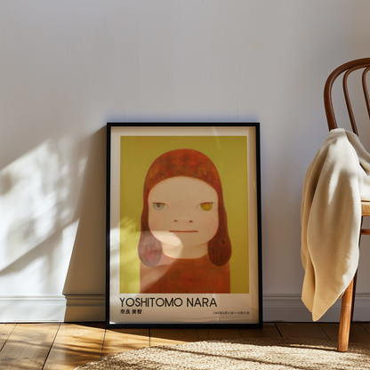 Yoshitomo Nara Red Haired Girl Poster, Two Tone Eyes Yellow Green Background, Japanese Contemporary Art Print