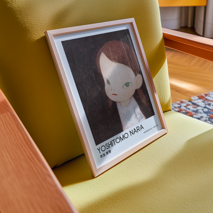 Yoshitomo Nara Girl on Dark Background Poster, Japanese Contemporary Art Print, Green Eyes Wall Decor, Moody Art