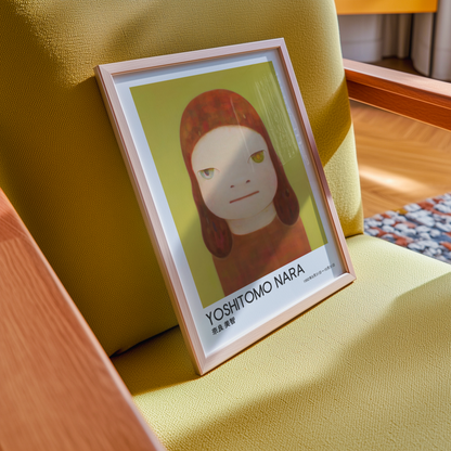 Yoshitomo Nara Red Haired Girl Poster, Two Tone Eyes Yellow Green Background, Japanese Contemporary Art Print