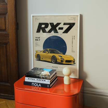 Yellow Japanese Sports Car Poster, 90s JDM Tuner Wall Art, Minimalist Rotary Coupe Print, Retro Automotive Garage Decor