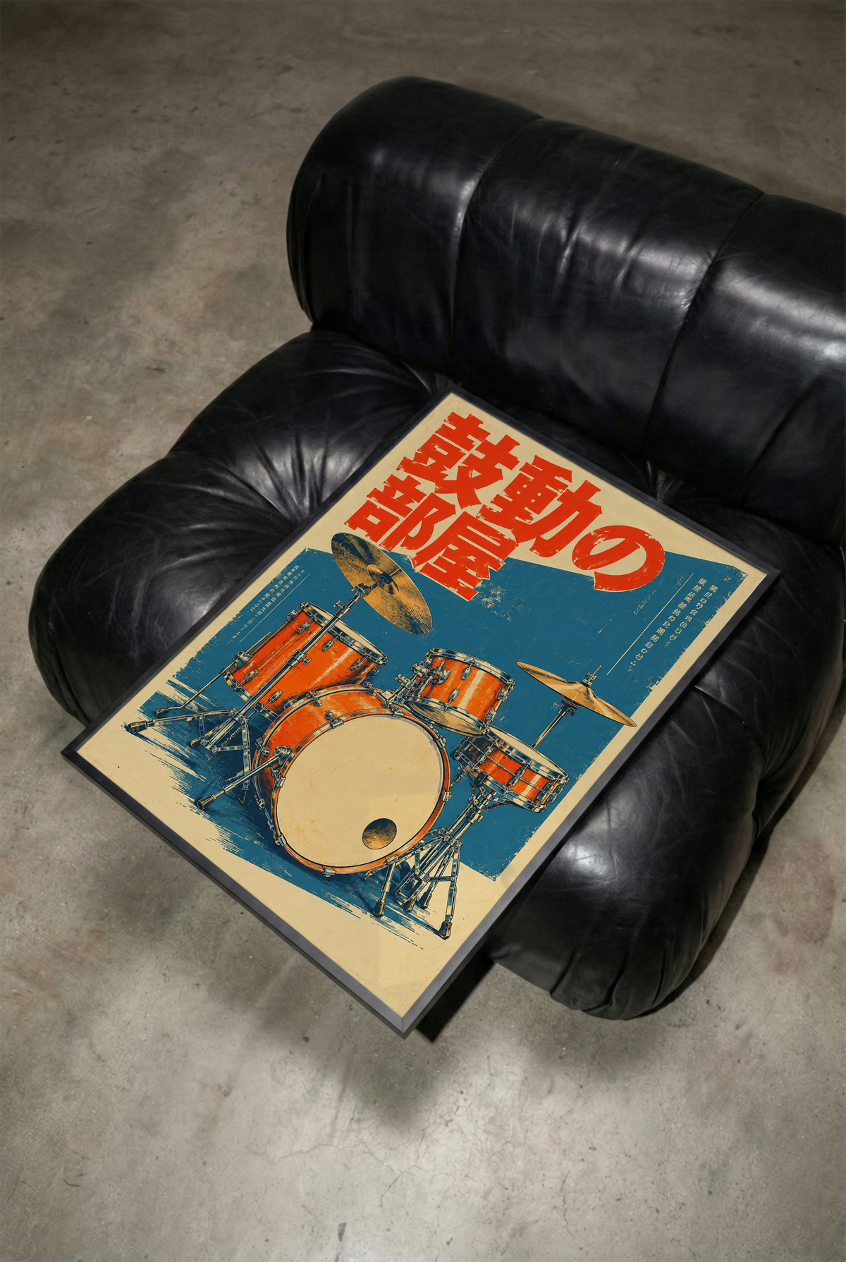 Japanese Drum Kit Poster, Orange Vintage Acoustic Drums on Blue, Retro Music Studio Wall Art