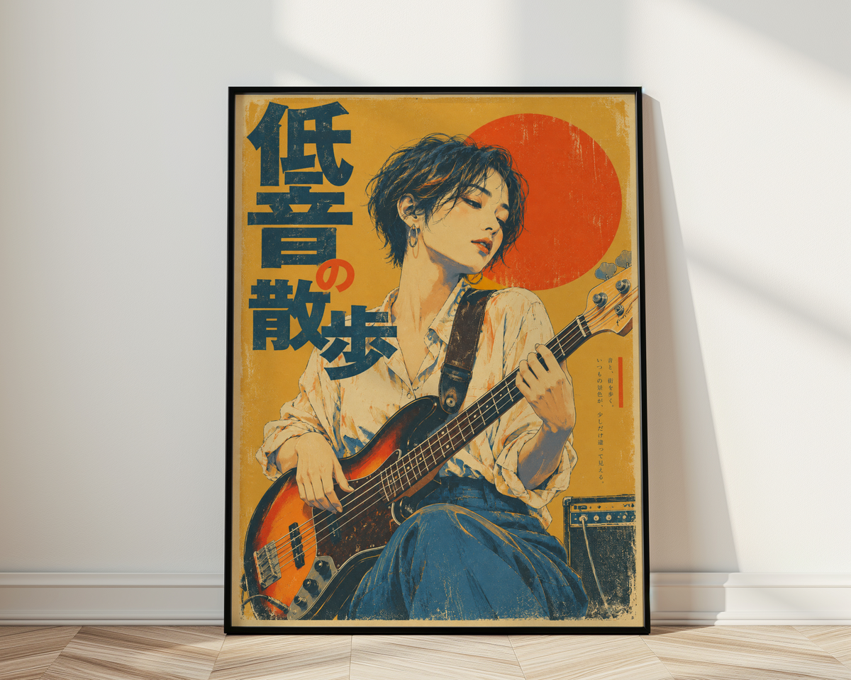 Japanese Woman Bassist Print, Sunburst Bass Guitar and Red Sun, Mustard Yellow Vintage Music Poster