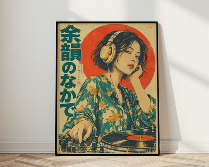 Japanese Female DJ Print, Floral Shirt Woman with Vinyl Turntable and Headphones, Teal and Red Retro Music Poster
