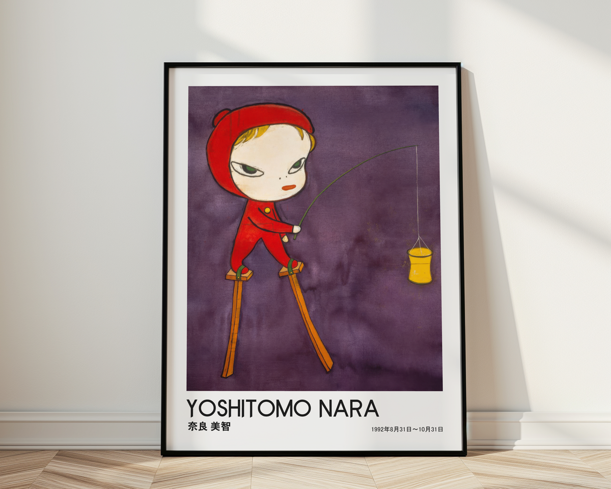 Yoshitomo Nara Red Hood Fishing Poster, Japanese Contemporary Art Print, Purple Wall Decor, Surreal Character Artwork